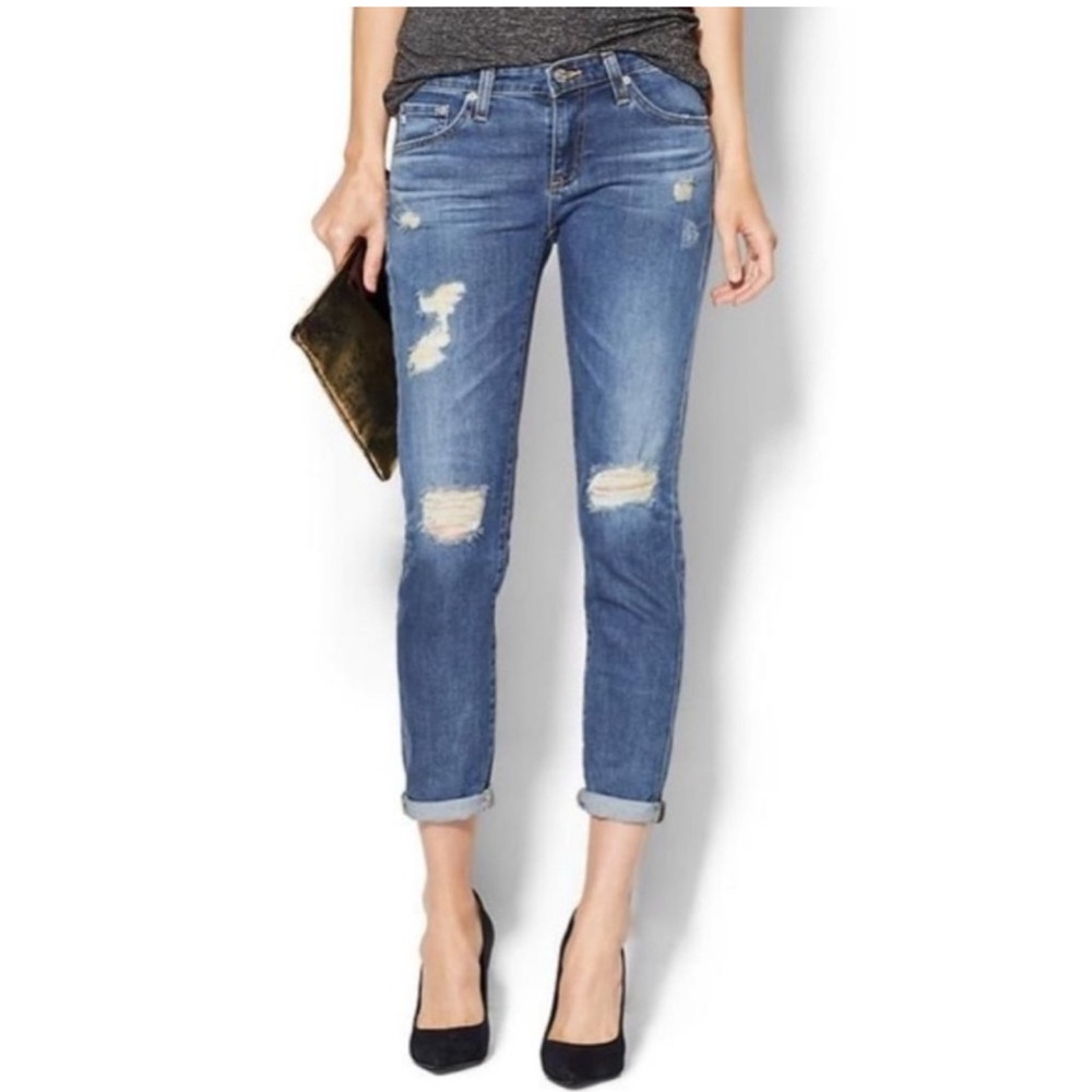 AG Adriano Goldschmied The Stilt Roll Up Distressed Cropped Jean Size 32
